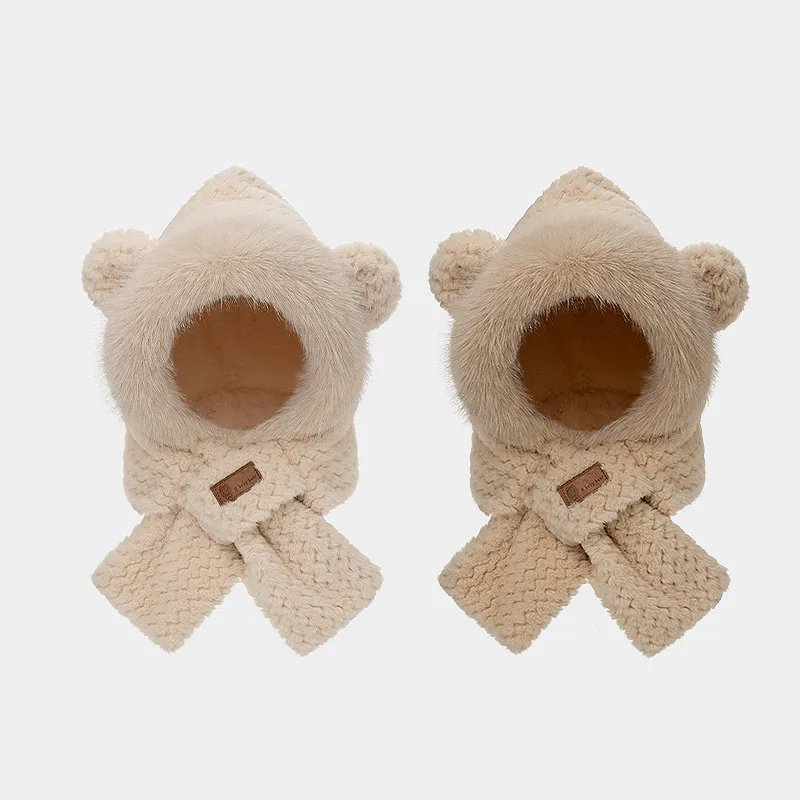 

New Cute Bear Ear Hat Scarf Gloves Set Winter Women Beanies Caps Warm Casual Plush Hats Casual Solid Fleece Girl Kawaii Present