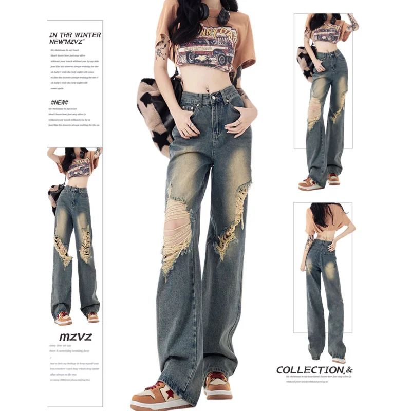 

Blue Womens Jeans High Waist Street Straight Baggy Denim Pants Europe America Fashion Y2K Style Female Wide Leg Denim Trouser