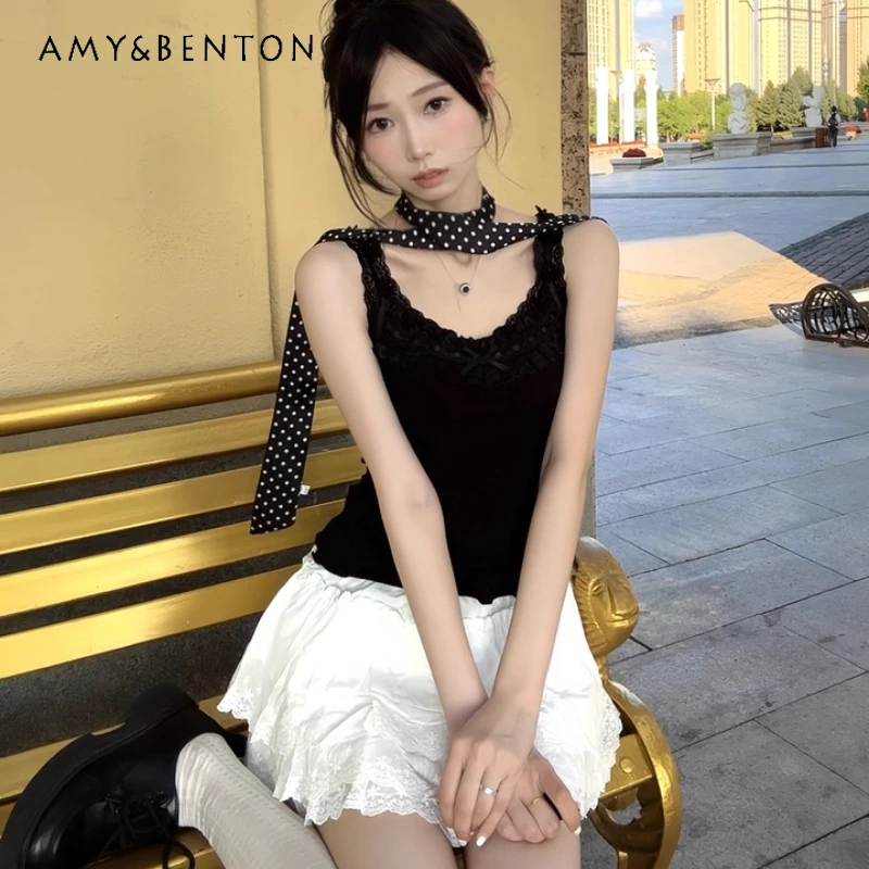 

2025 Summer New Retro Sweet Cute Exquisite Heavy Craft Women's Vest Original Design Black Sexy Lace Inner Layer Sling Ladies