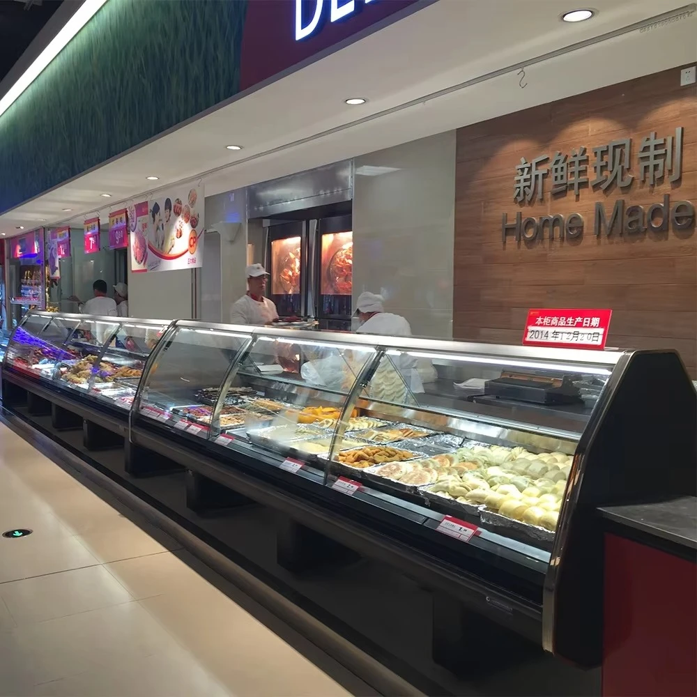 Hot Wet Service Counter Cabinet Refrigeration Equipment for Market with Curved Glass Food Showcase Meat Cooler Deli Display OME