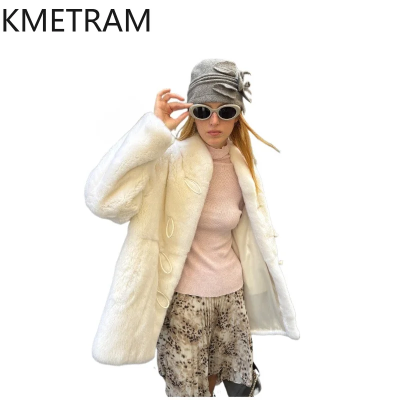 

KMETRAM Whole-skin Rex Rabbit Fur Jacket Women 2026 Horn Button Mid-length Luxury Fur Overcoat Winter Coat Women Casaco Feminino