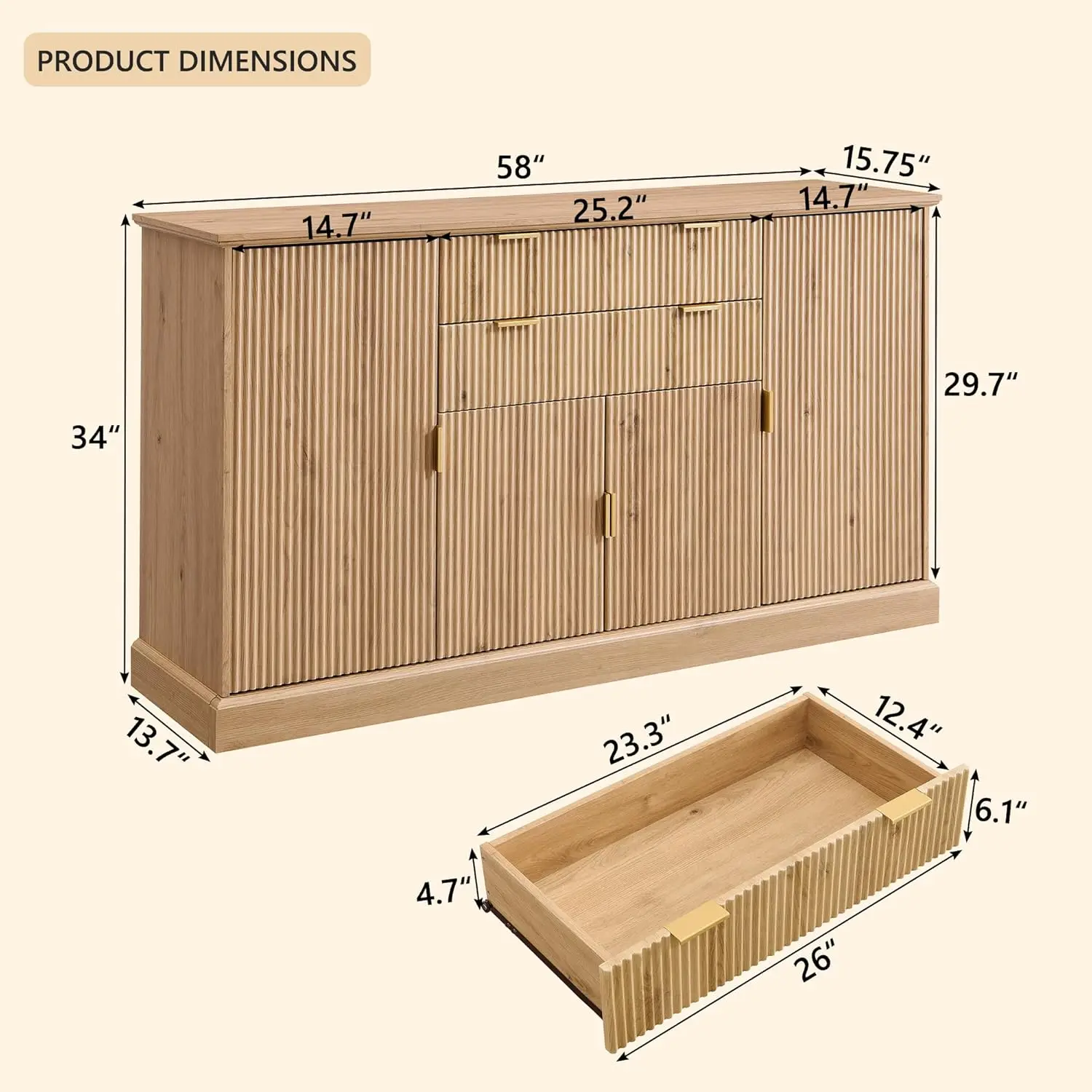 Fluted Buffet Cabinet with Storage, Sideboard Cabinet with Adjustable Shelves,Color is available for selection