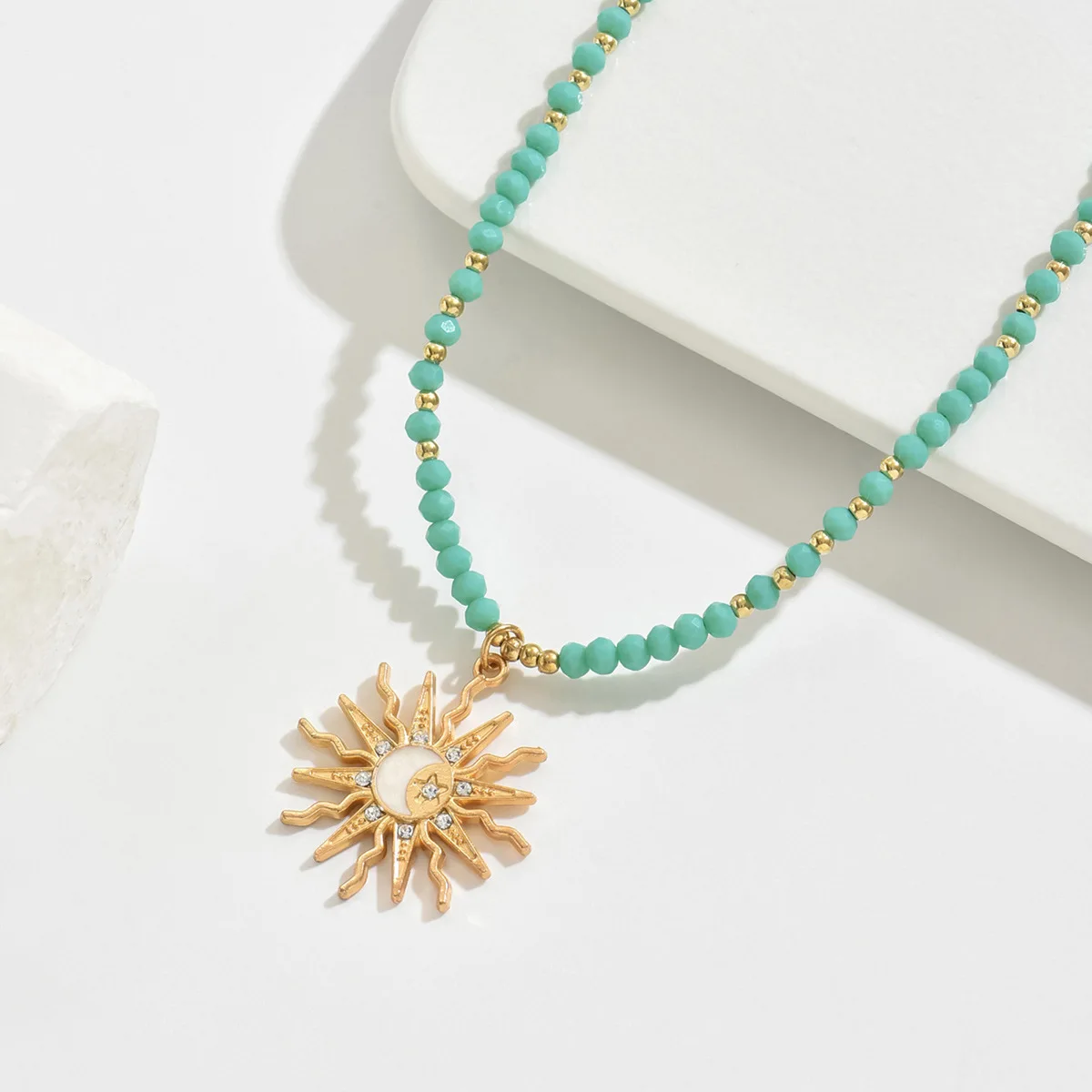 Vintage Metall Sun Star Kristall weiße Perlen Anhänger Halsketten für Frauen Mond Choker Halsketten Boho handgemachte Schmuck Geschenke – Detail 8