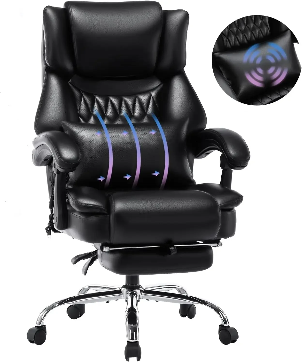 

High Back Massage Reclining Office Chair with Footrest - Executive Computer Home Desk Massaging Lumbar Cushion