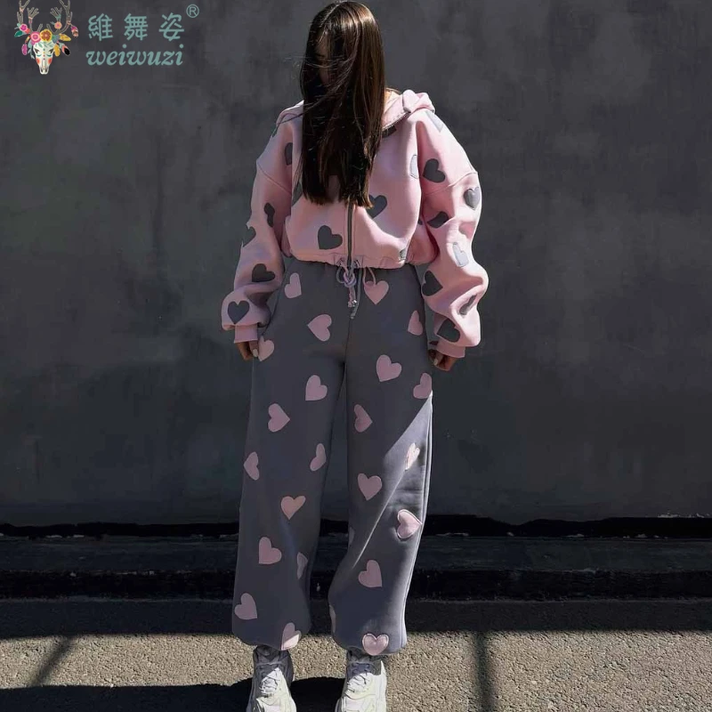 

Jogger Two Piece Sets Women Pant Hooded Jacket Y2k Heart Print Sweatshirts Autumn Winter Short Sports Coat Elastic Waist Pants