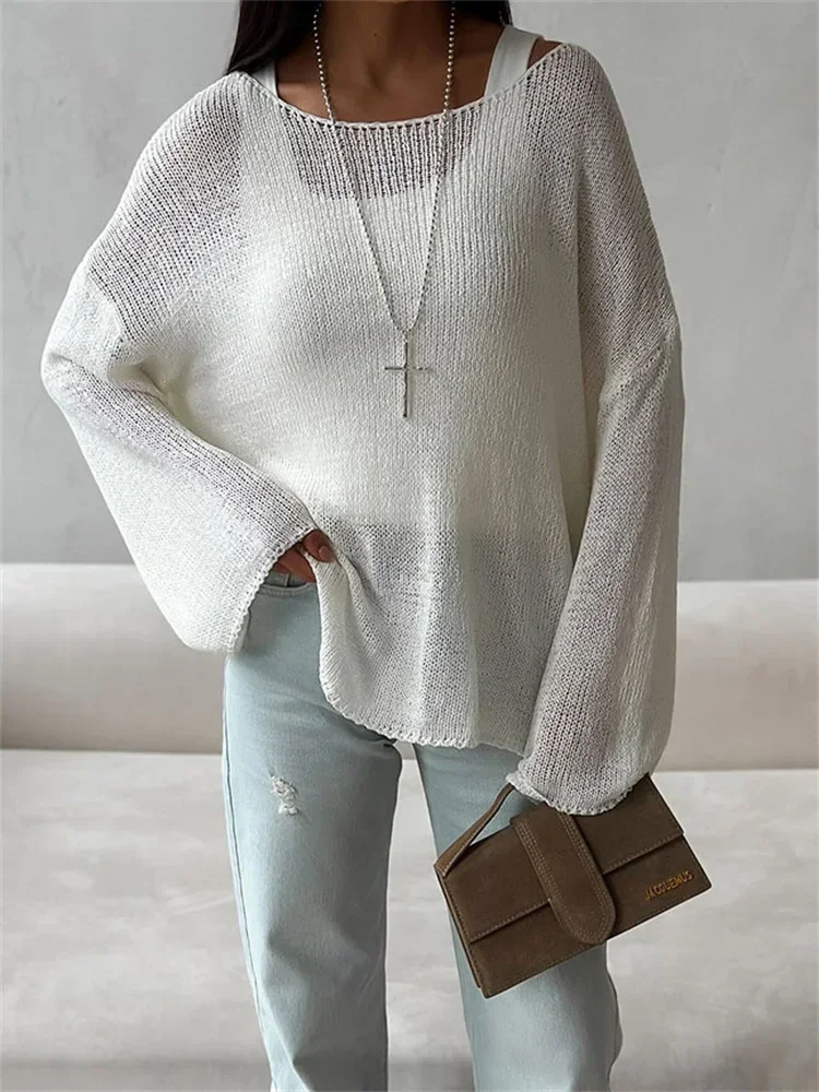 

Весенний вязаный свитер, пуловер для женщин, прозрачный свободный лоскутный топ с длинными рукавами, женский трикотаж, пуловер, новый