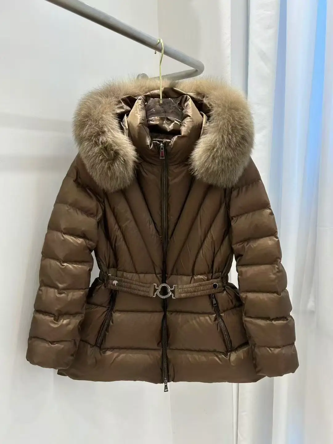 Ladies Luxury  Fur Collar Hooded down Jaet Mid-Length Waist-Cinching Faionable Outerwear Korean Sle Commute Wind
