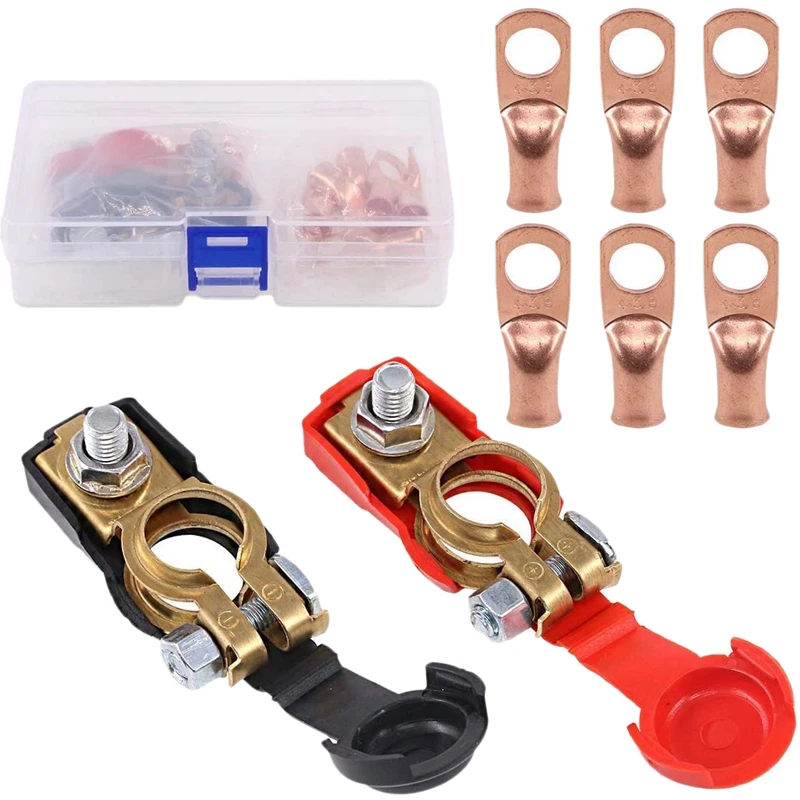 

ABHU 8Pcs Copper Battery Terminals Negative And Positive Terminal Clamps Connectors With Copper Ring Assortment Kit For Car