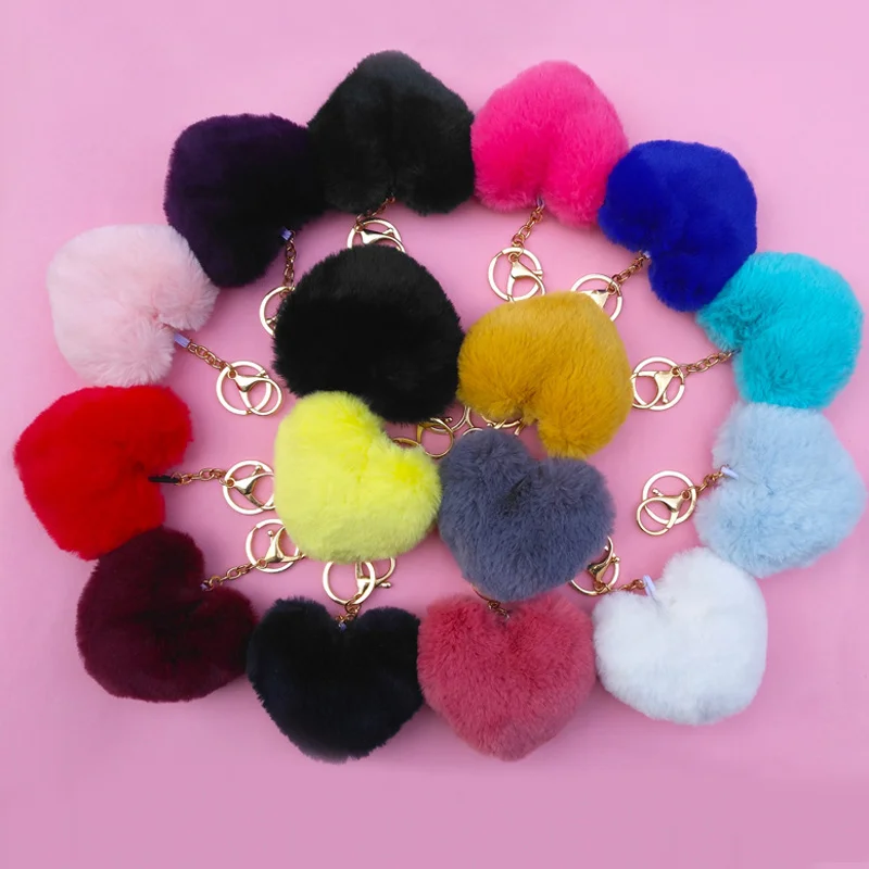 BeautIful Rainbow Plush Balls Love Key Chain Decorative Pendant for Women Bag Car Fashion Jewelry Keyring Heart Pompoms Keychain