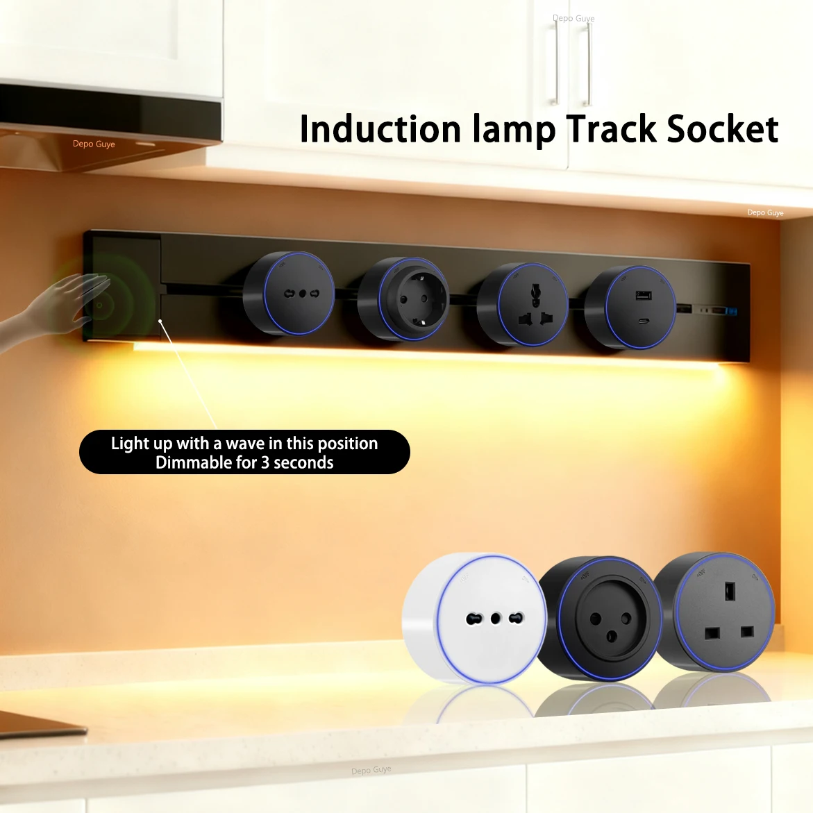 Wall Power Track Socket With Induction lamp Italy EU UK Standard Home Kitchen Office  Socket Removable Plug Universal USB C Port