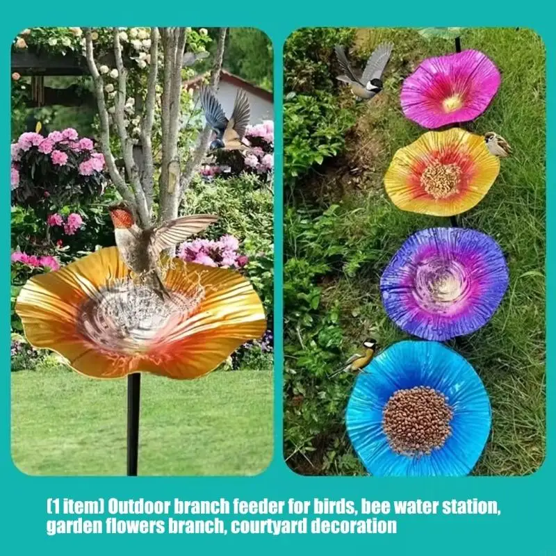 F19B Hummingbirds Watering Station Handmade Metal Flowers Garden Stake Bird Bath for Balconies Garden Decoration
