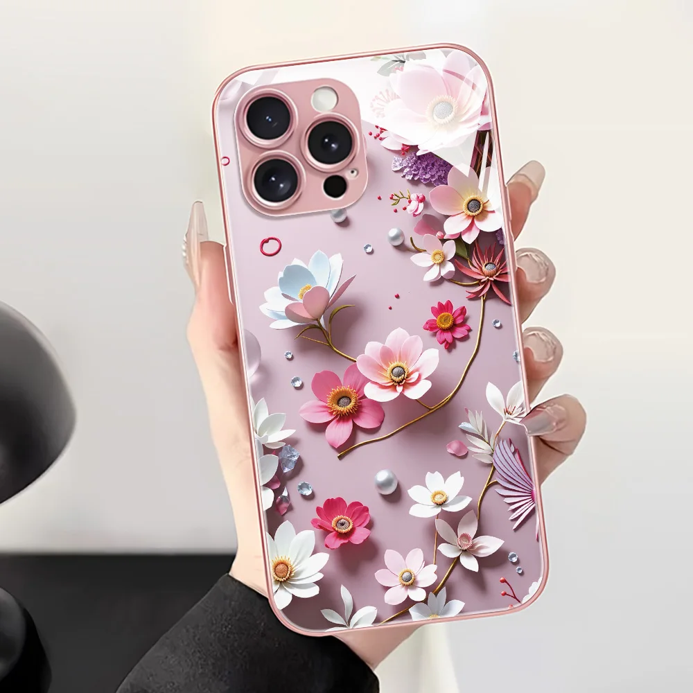 Tempered Glass Multicolored Flowers Phone Case For iPhone 17 Pro Max 16 17 15 14 13 12 11 14 ProMax Case Cover Shockproof Luxury