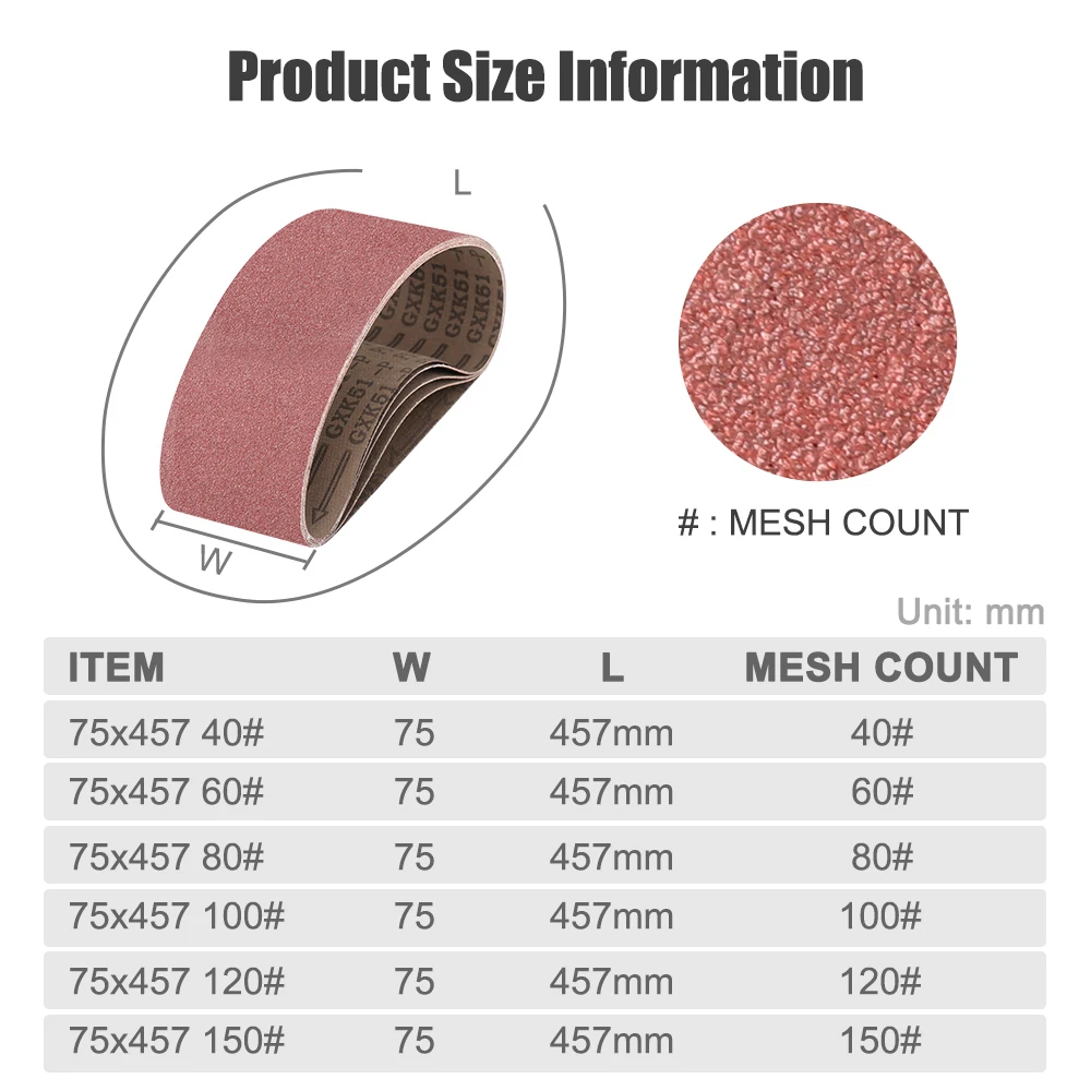 XCAN 5PCS 75×457mm Sanding Belts 40# 60# 80# 100# 120# 150# Grit Sander Abrasive Belt for Sanding Wood Metal Plastic