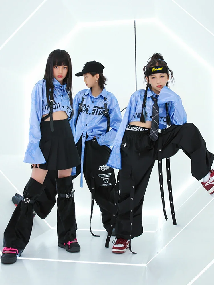 New Kids Jazz Dance Costume Girls Boys Blue Shirts Pants Hiphop Performance Clothes Drum Concert Stage Outfit Streetwear BL11799