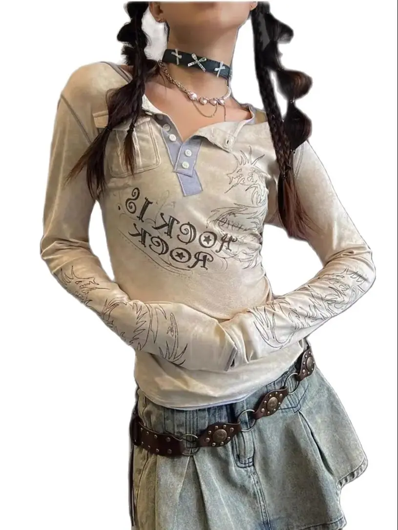 Long sleeve fake two piece T-shirt Y2k Aesthetic Vintage Print Women 2024 Harajuku Top Casual Fairy Grunge Bottoming Tee Shirts