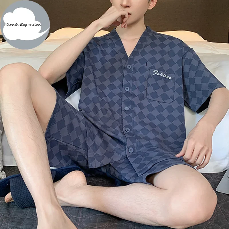 Summer Faux Cotton Men's Pyjamas Plus 4XL Kimono Pajama Sets Pjs Lounge Masculine Sleepwear Nightwear Pijamas Homewear Fashion