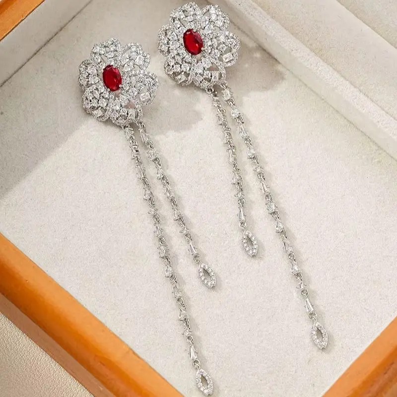 SENYU New Original Flower Design Super Long Earrings Pave High Quality CZ Stone Women Gold,Silver Plated Jewelry for Wedding