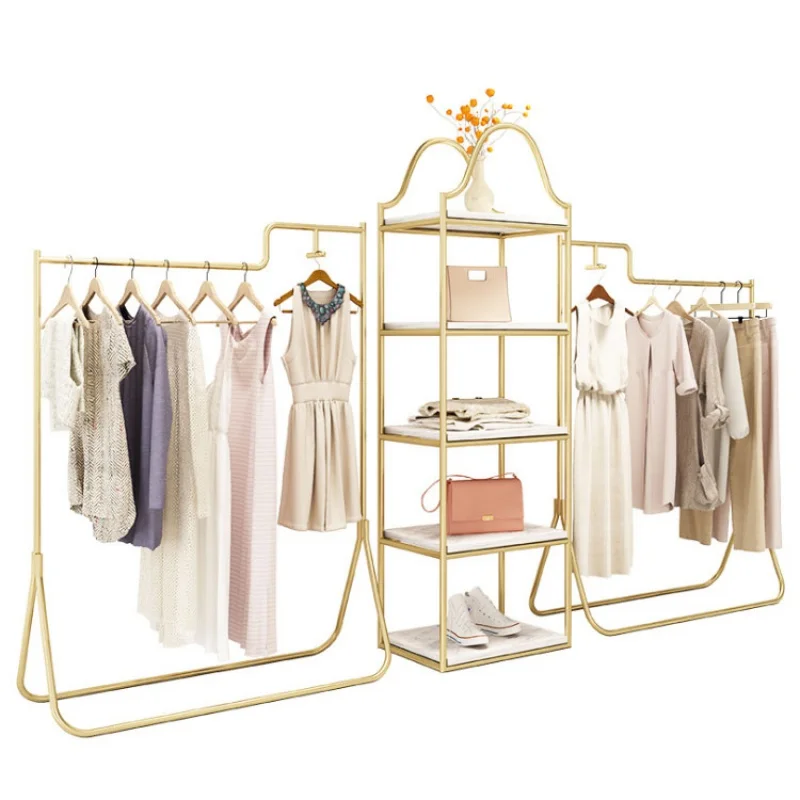 Custom, gold clothing rack cloth shop shoe bag display stand shelves boutique furniture