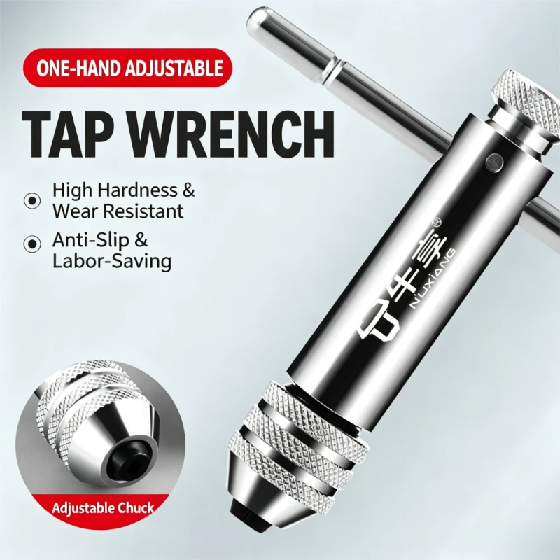 M3-8 Adjustable T-Handle Ratchet Hand Tap Holder Wrench Extended Tapping Forward and Reverse Hand Tapping Accessories Tool