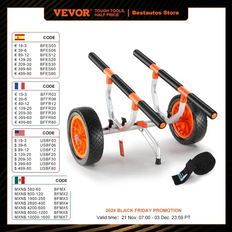 VEVOR 450lbs Kayak Cart Detachable Canoe Trolley Cart with 12'' Solid Tires Adjustable Width for Paddleboards Float Mats Boats