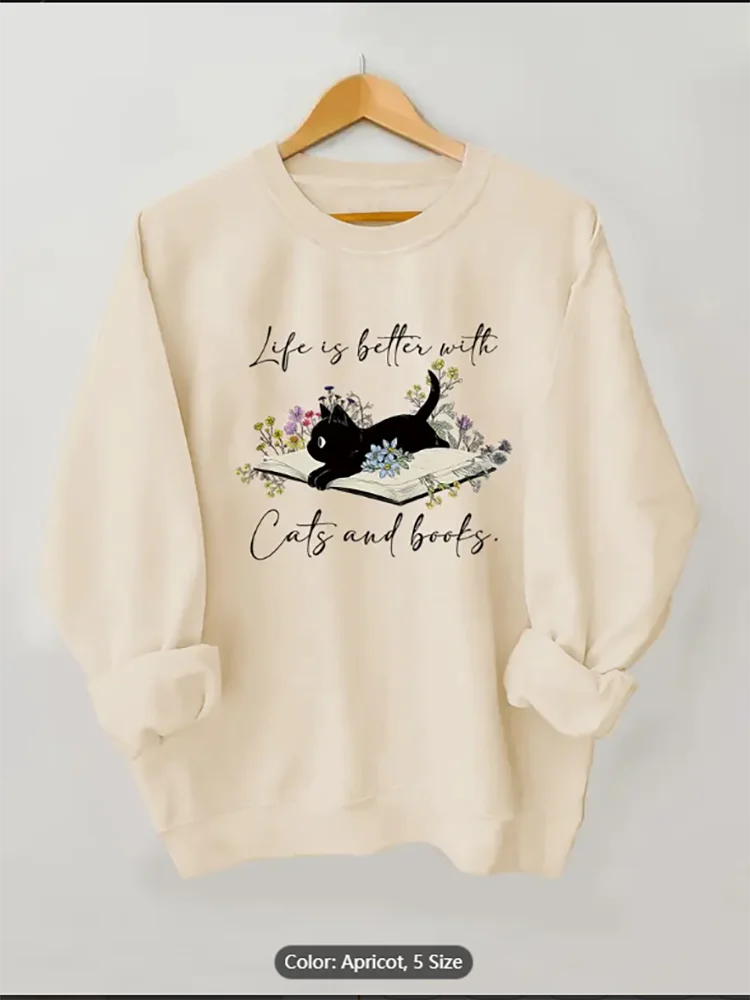 

Women's Apricot Sweatshirt with Life is Better with Cats and Books Graphic Print Casual Oversized Pullover Top for Cat and Book
