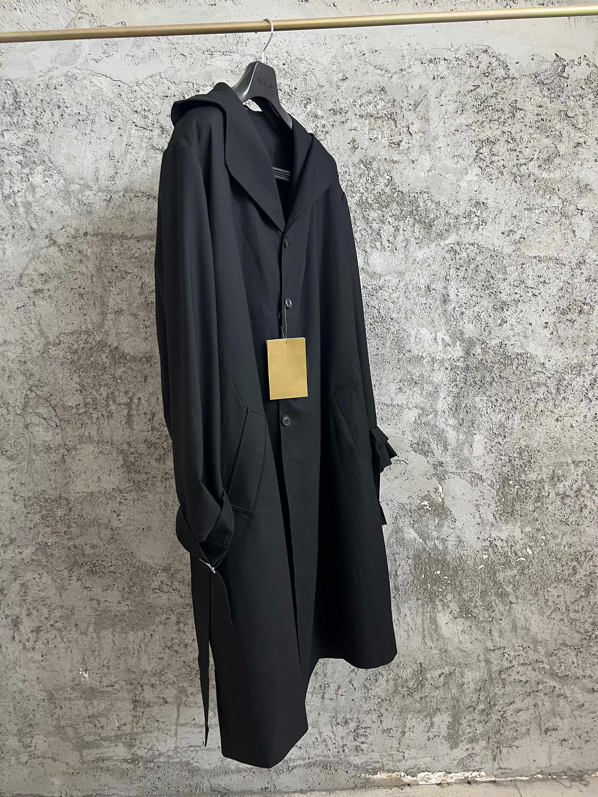 معطف متوسط الطول برباط بغطاء للرأس من TOP-YAMAMOTO، تصميم أصلي أسود، معطف كاجوال بخط رئيسي للرجال #2