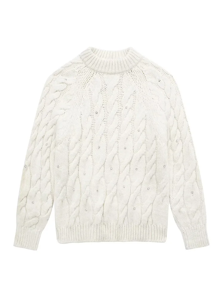 

HH Woman Bright Eight-strand Braid Round Neck Long Sleeves Wear Sweater Female Autumn Casual Street Style Solid Pullover Sweater