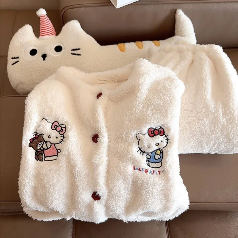 

Fashionable Hello Kitty Coral Velvet Long-sleeved Trousers Pajamas for Girls Anime Cartoon Thickened Warm Student Home Clothes