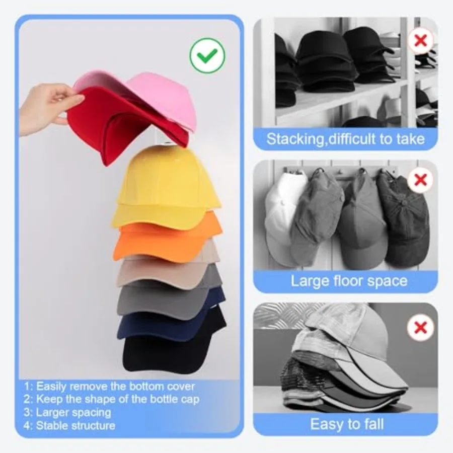 Hat Organizer For Baseball Caps, Hat Rack for Wall Thick ABS Plastic, Hold up to 18 Hats, Adhesive Or Screw, Extended Spaced, K