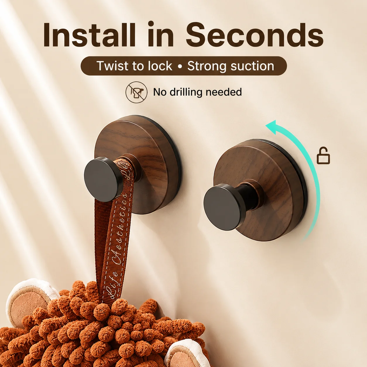 1/2/4pcs Walnut Wood Grain Suction Cup Hook Rotating Wall Mounted No Drill Storage Hanger for Kitchen Bathroom Door