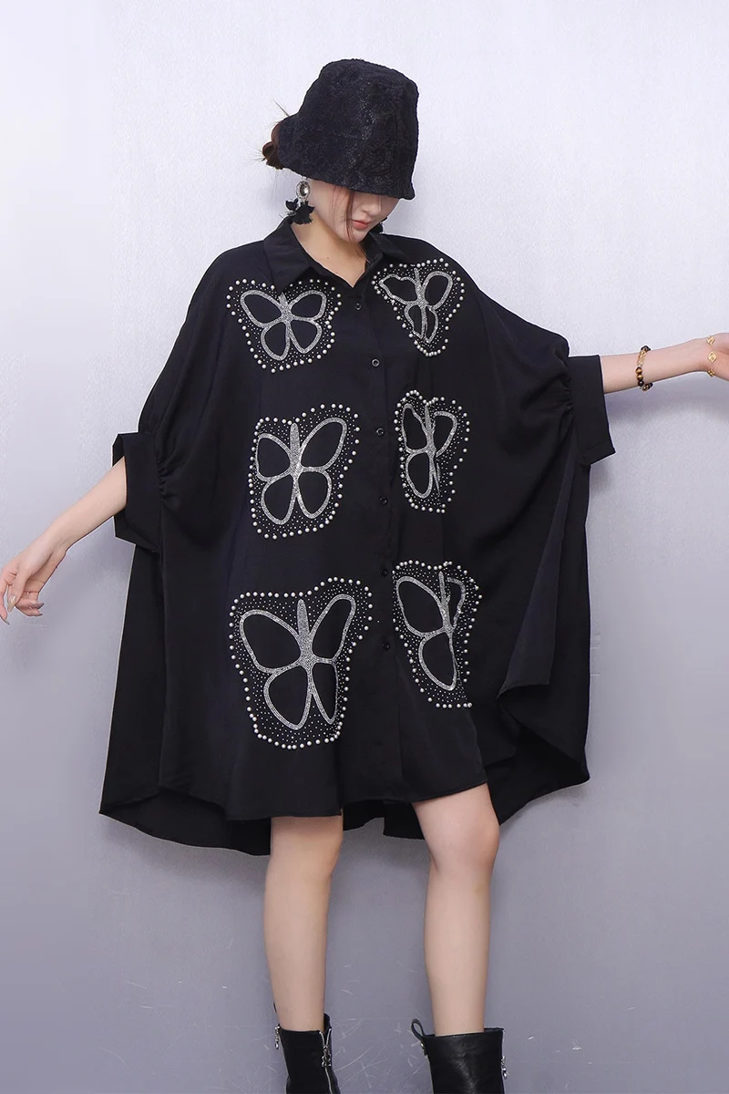 2025 Autumn Winter Elegant Women Casual Loose Butterfly Embroidered Cloak Shirts Short Dresses Female Dress Wholesale J2119