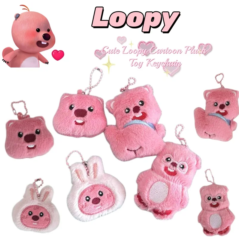 Lindo llavero de peluche de castor rosado con labios pucheros, estilo Loopy, colgante para mochila, accesorio, regalo para mejor amigo.