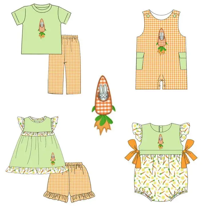 

Easter boutique children set pearl skirt carrot print shorts lace girls boys plaid trousers set baby romper