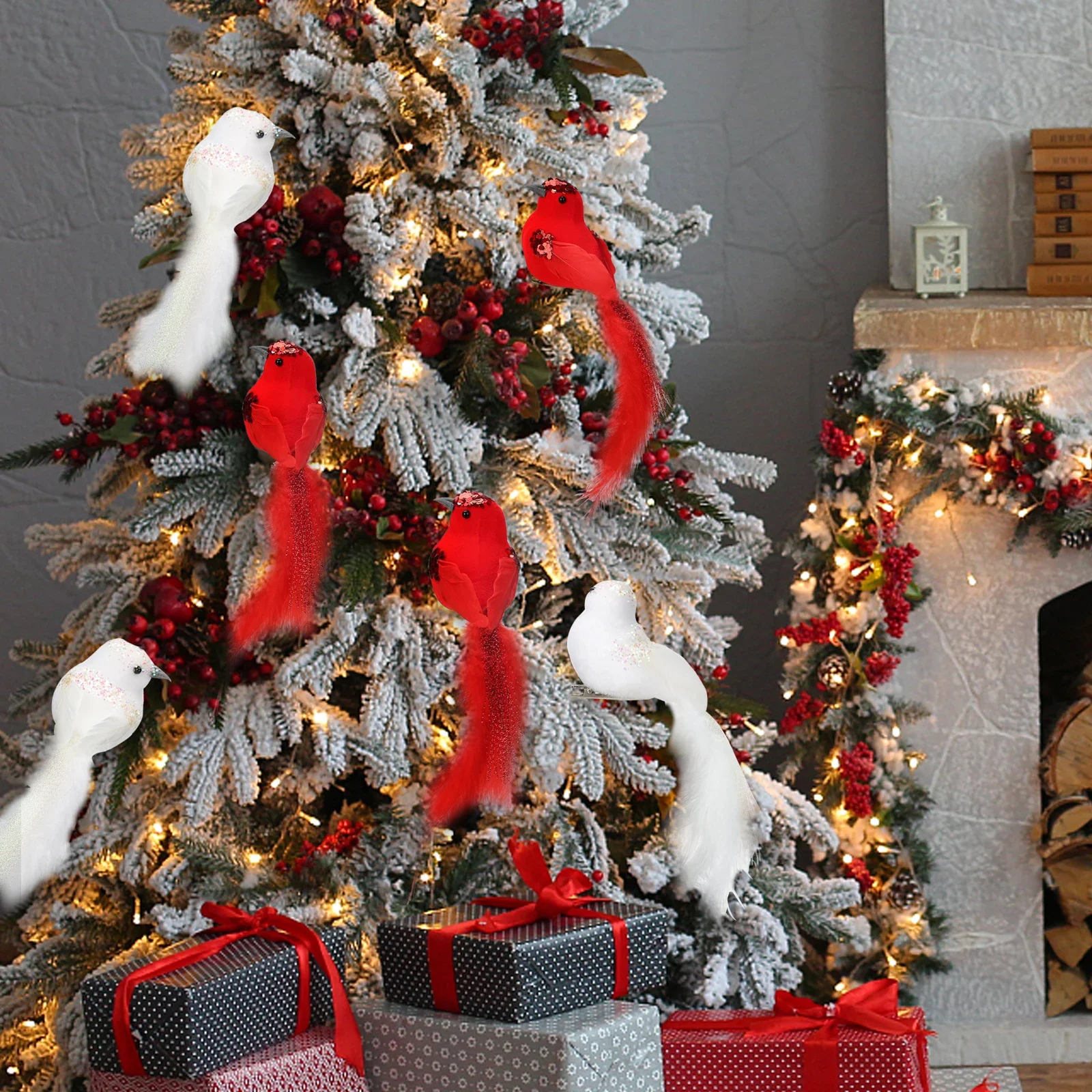 

12Pcs Foam Bright Fake Bird Feather Clipped Decoration Artificial Cardinals Craft Ornaments Christmas Party Home DIY Decor