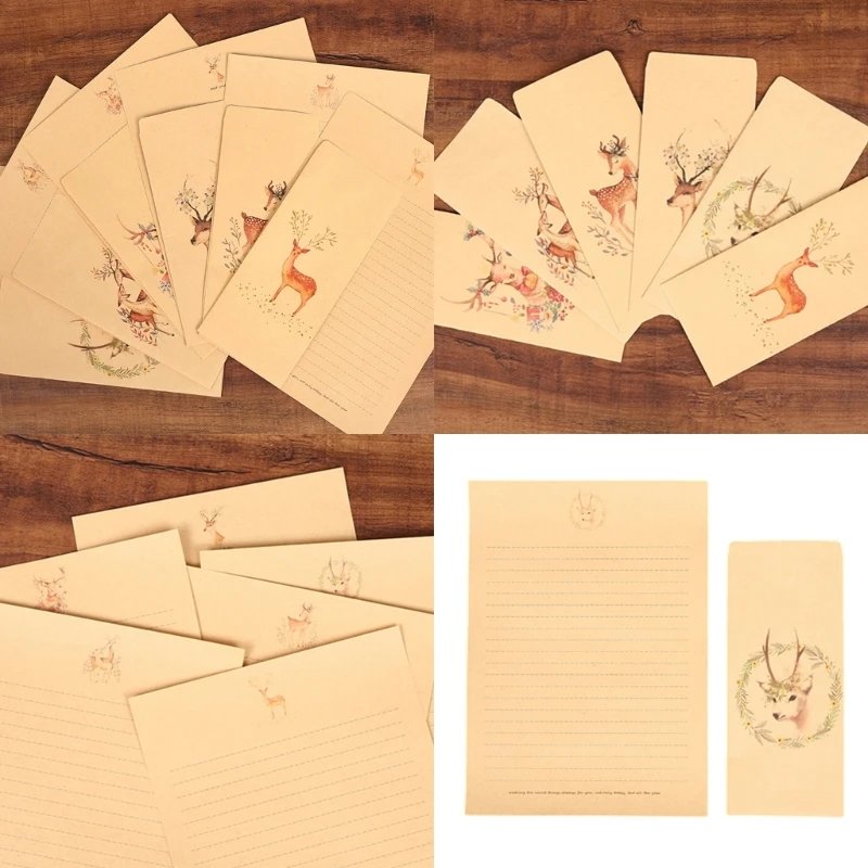 10x/Set Stationery Paper and Envelopes Set Deer Pattern Letter Writing Paper Writing Stationary Paper for Gift Cards