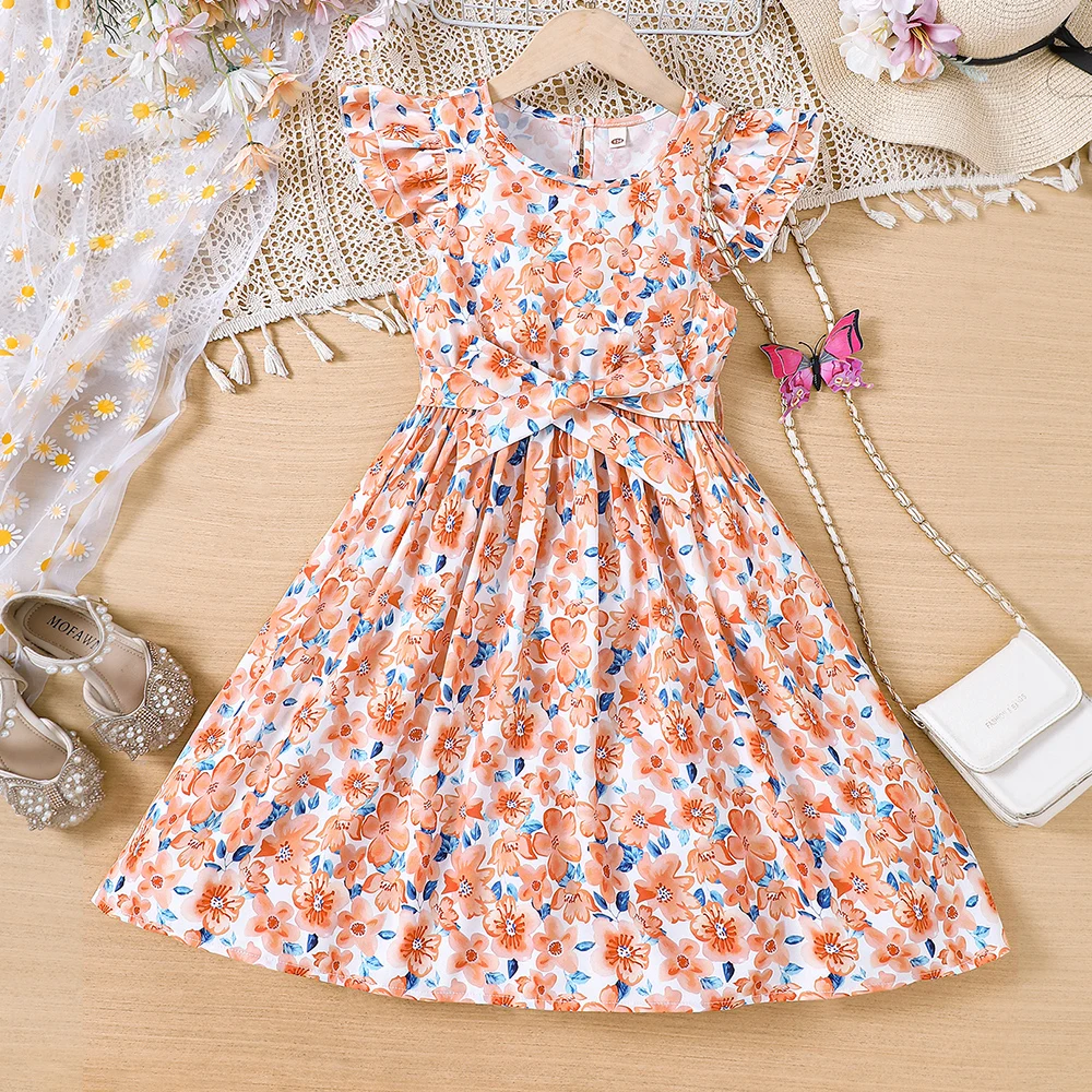 Girls' summer vacation style small floral lotus leaf suspender dress casual dress