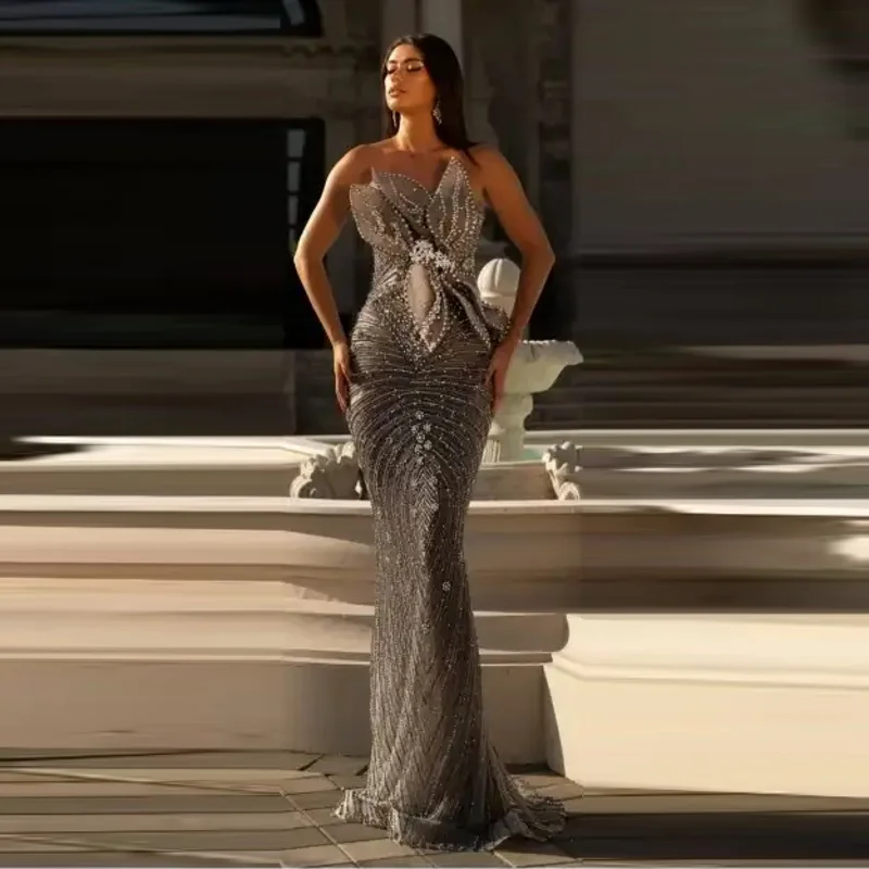 Dubai Prom Dresses Crystal Off Shoulder Beading Evening Gowns Petal robe de soiree Gray Formal Dress To Party Mermaid Strapless