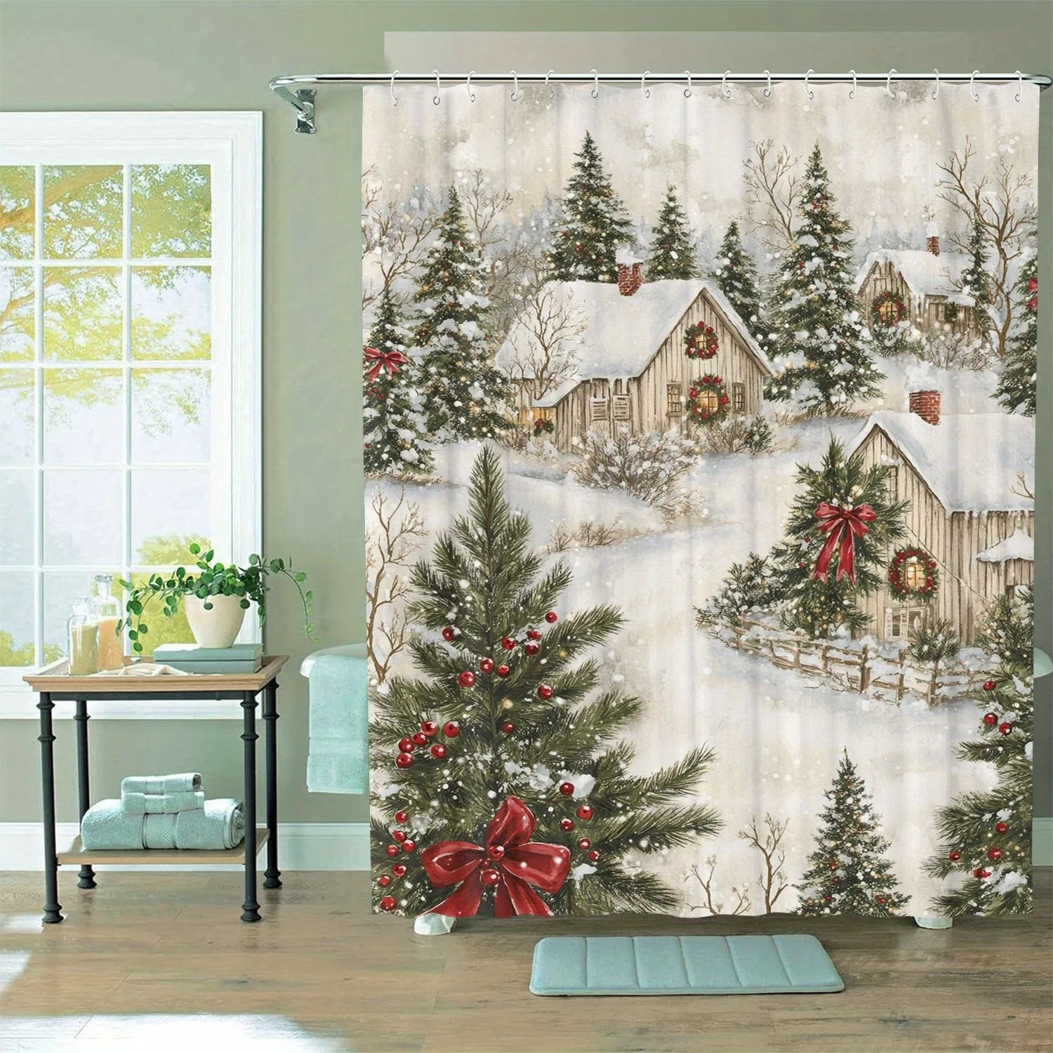 Water-Resistant Shower Curtain with Rustic Snowy Cabin Design Graphic Arts Theme  Non-Woven Fabric Bath Curtains