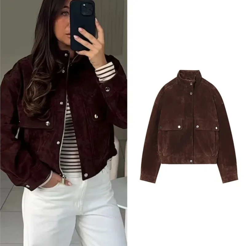 

Autumn Women Contrast Stitching Short Jacket Long Sleeves Pocket Button Lady Coat Chic Female Tops