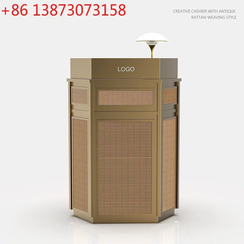 Welcome desk Reception desk, simple modern restaurant checkout page Hexagonal rattan stainless steel checkout page customization