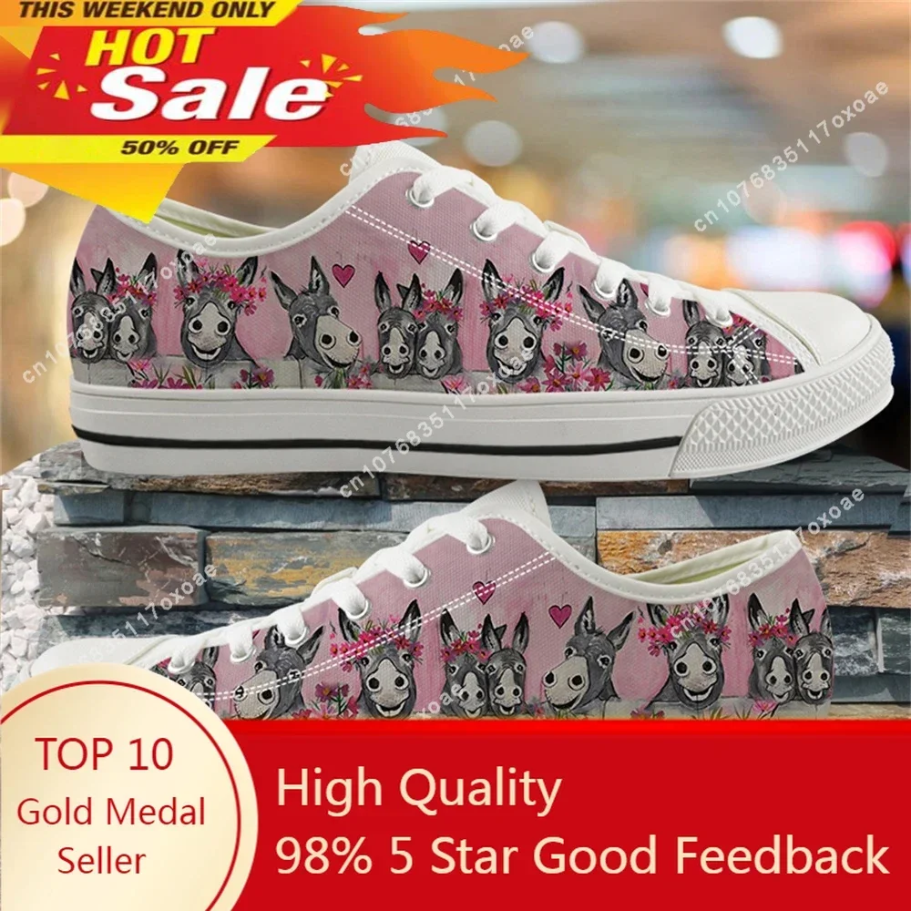 Woman Low Top Canvas Shoes Donkey Family 3D Cute Pattern Ladies Shoes Lace Up Sneakers