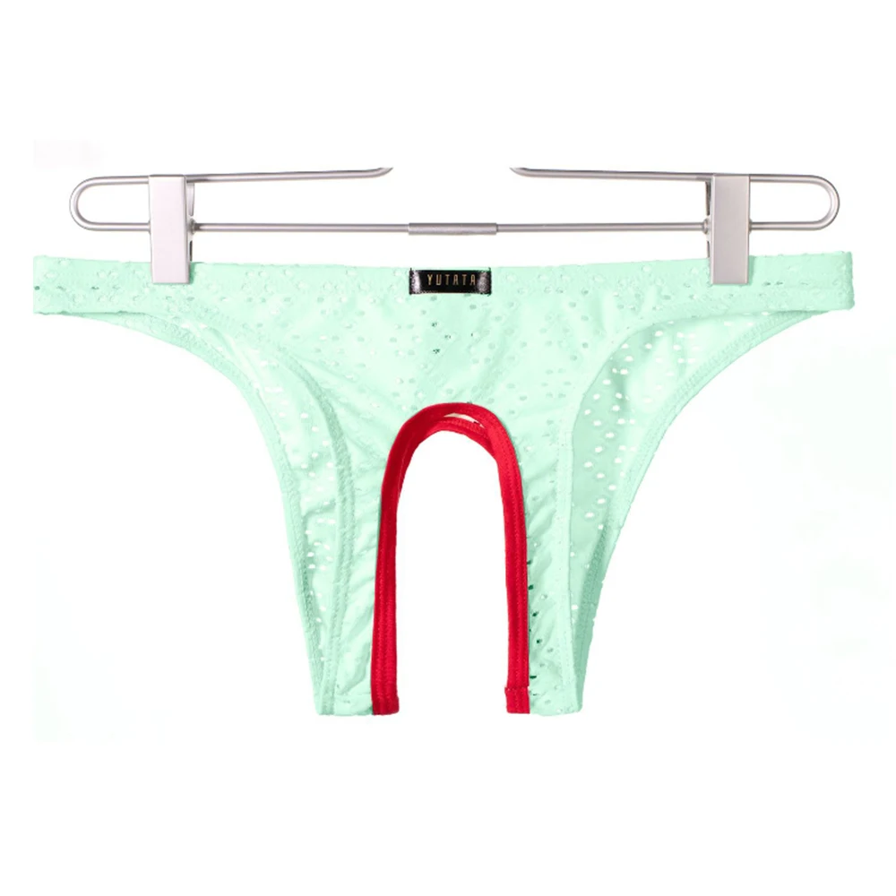 العلامة التجارية الجديدة للرجال الملابس الداخلية Underpant البوليستر سيسي الملابس الداخلية تنفس Crotchless الجبهة مفتوحة عارضة #4