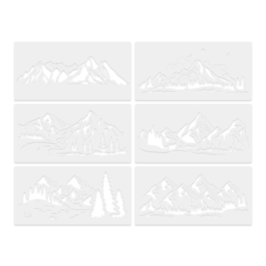 6PCS 산 풍경 스텐실 15×30cm 벽, 목재, 직물, 종이 장식을 위한 재사용 가능한 DIY 페인팅 템플릿