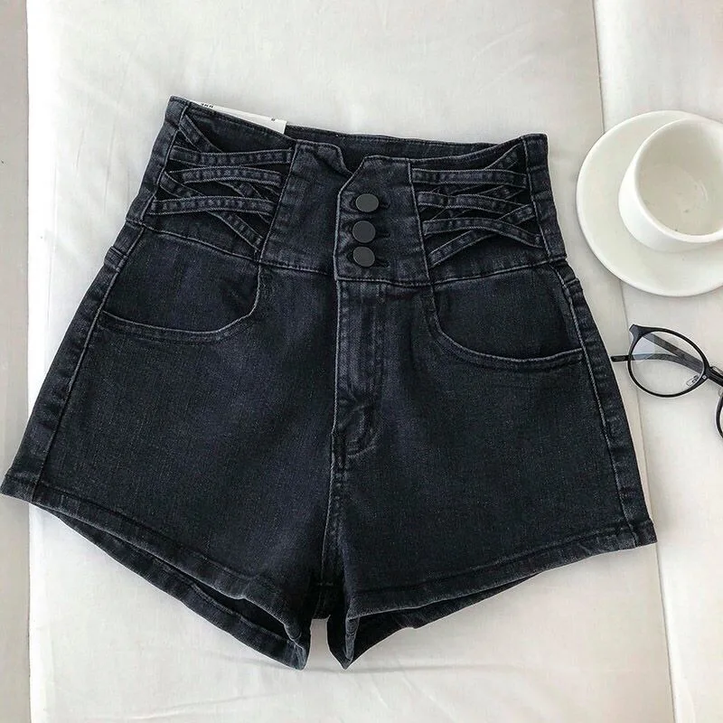 High Waist Denim Shorts Women's Summer New Style Slimming Casual Comfortable Denim Shorts Button Decoration TT1573