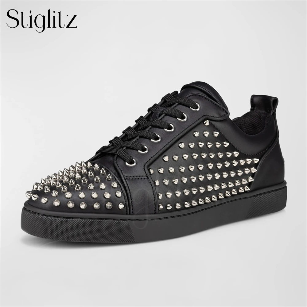 

Black Matte Leather Rivet Sneakers Fantasy Colors Yellow Patent Leather Studded Shoes Men's Fashion Designer Style Lace-Up Flats