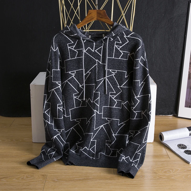 

Geometric Print Hooded Long Sve Knitted Sweatirt Casual Youthful Sle Autumn Wear for Men Comfortable Fit Faionable T...