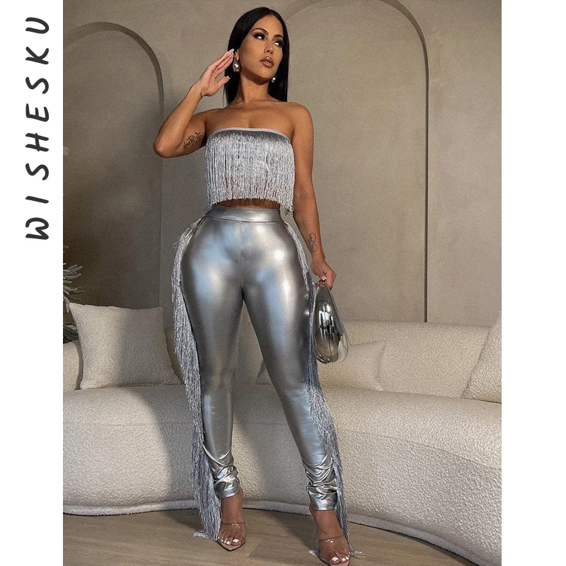 Two Piece Set Women Metallic Tassel Outfits Sexy Strapless Corset Crop Top+High Waist Pencil Pants 2024 Spring Fall Night Club