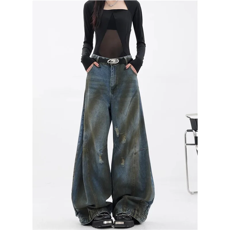 Blue Womens Jeans High Waist Vintage Straight Baggy Denim Pants Streetwear American Design Sense Ripped Wide Leg Denim Trouser