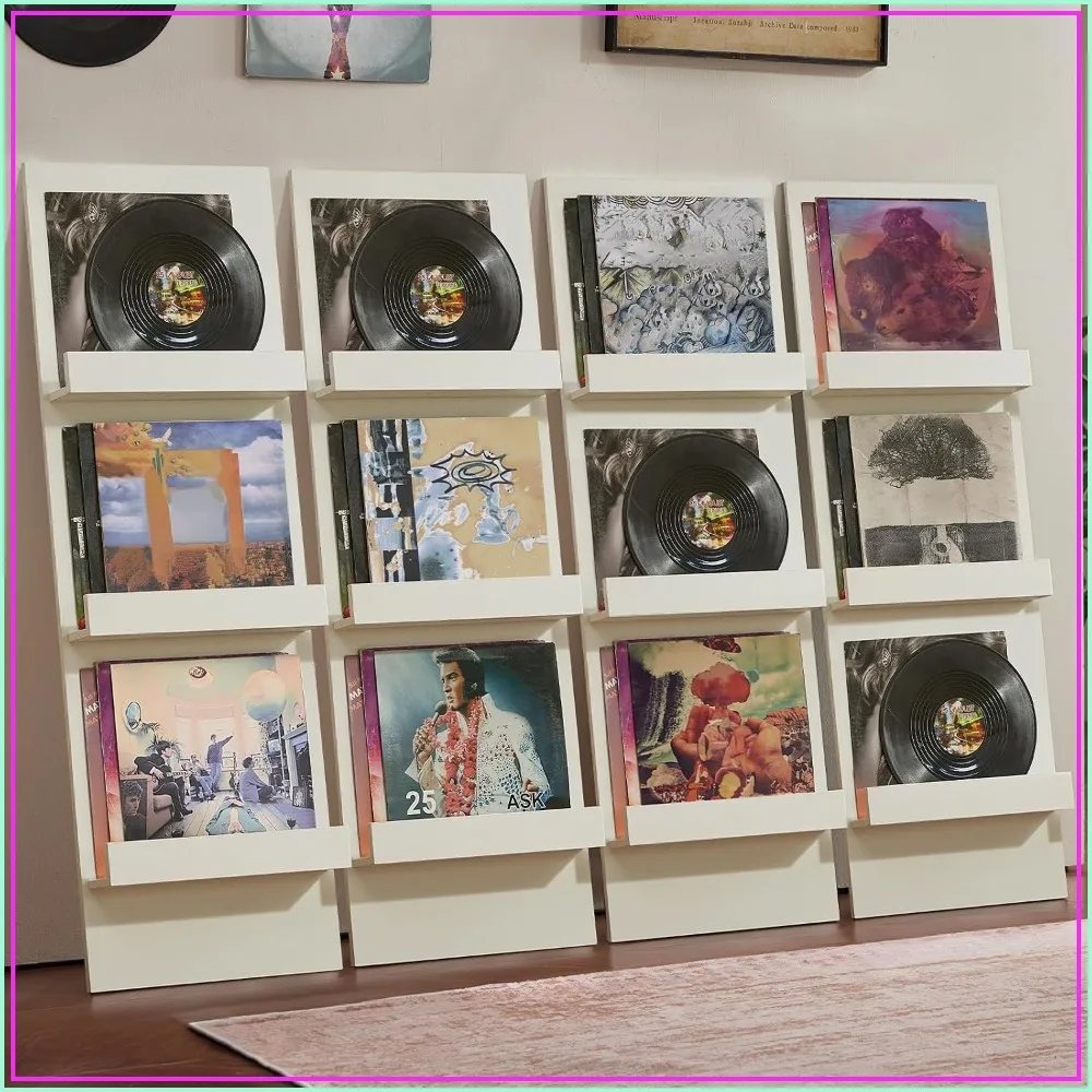 Wall-Leaning Vinyl Record Holder Set of 4, 3-Tier Shelf, 47.5'' Tall, Holds 120 Records/CDs, White