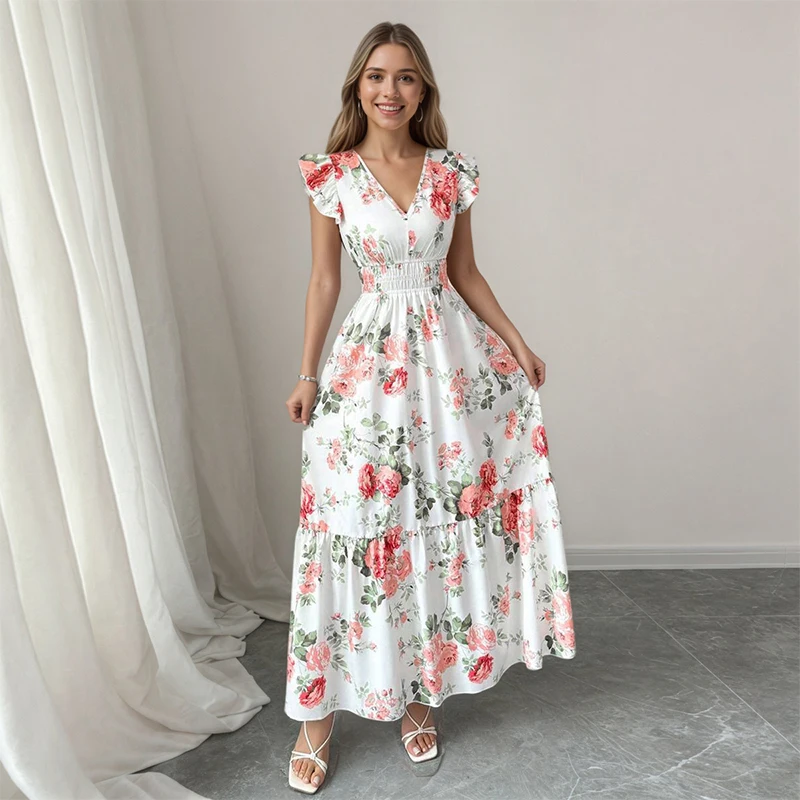Summer Sleeveless Floral Print Dress Elegant Temperament Women's Clothing Fashionable Lotus Leaf Sleeve Maxi Dress